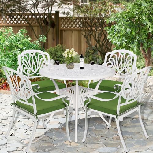 W WARMHOL 5-Piece Outdoor Patio Dining Set, All-Weather Cast Aluminum Patio Furniture Set for Backyard Garden Deck with 4 Chairs, 4 Cushions and 35.4” Round Table, 2.2" Umbrella Hole, White