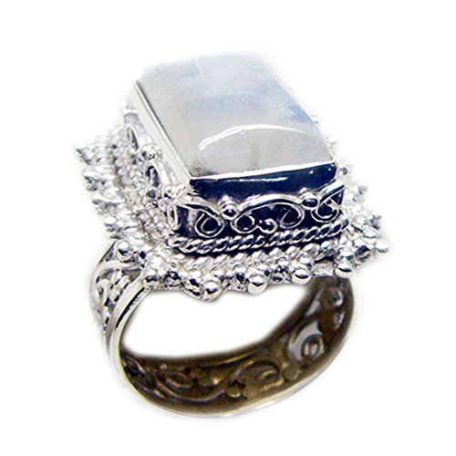 Bague en pierre de lune arc-en-ciel et argent sterling de forme rectangle