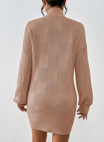 Pink Queen Women's Mock Neck Sweater Dress 2025 Lantern Long Sleeve Loose Plaid Cocktail Party Knit Mini Dress Outfits2