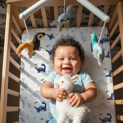 Image of Plushii Crib Sheets for Baby Boys 4 Pack, 28 inchx 52 inch Extra Soft Microfiber Crib Sheet Set for Standard Crib & Toddler Mattress Pad, Dinosaur & Elephant & Stars & Navy Blue