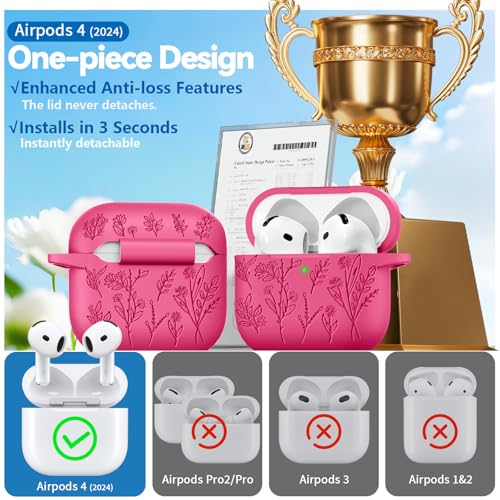 Image of for Airpods 4 Case, Ekoonpft Flower Engraved Cases for Apple AirPods 4th Generation 2024, Soft Silicone Cover for Women Girly with 3-in-1 Cleaning Kit & Keychain, Anti-Scratch, Shockproof, Garnet Red