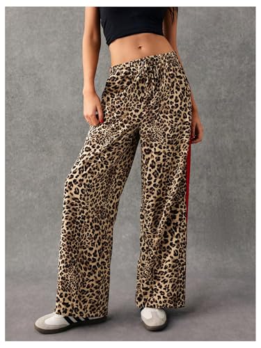 MakeMeChic Women's Women's Leopard Pants Side Stripe Cheetah Print Sweatpants Y2K Elastic Waist Straight Leg Pants4