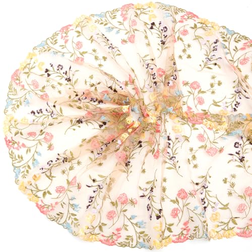 CABODYALS Tela de Encaje de Malla Bordada Marrón de 1.83 m Y 22cm con Flores 3D Coloridas, Tul Transparente, Gasa de Poliéster Floral Vintage para Coser, Decoración Del Hogar, Bodas, Accesorios de Rop