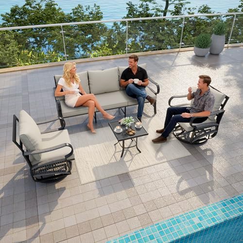 Image of 4 Pieces Outdoor Furniture Set, Patio Conversation Set with Swivel Rocking Chairs Sets and 3-Seater Couch Sofa for Deck, Porch, Garden, Backyard, Poolside (Beige Cushions)
