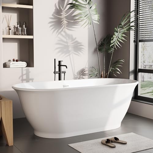 Image of Freestanding Bath Tub 67 Inch Acrylic Oval Soaking Tub - Extra Large Freestanding Bathtub with Integrated Overflow, Glossy White Stand Alone Soaking Tub for Family Bathroom or Main Suite Upgrade