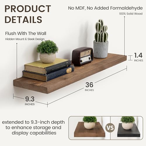 Image of Marsmiles Floating Shelves | 36 Inch Dark Wood Wall Shelves Set of 2 | 9.3 Inch Deep Rustic Reclaimed Wood Shelves for Room Wall | Farmhouse Floating Shelves for Living Room Bathroom