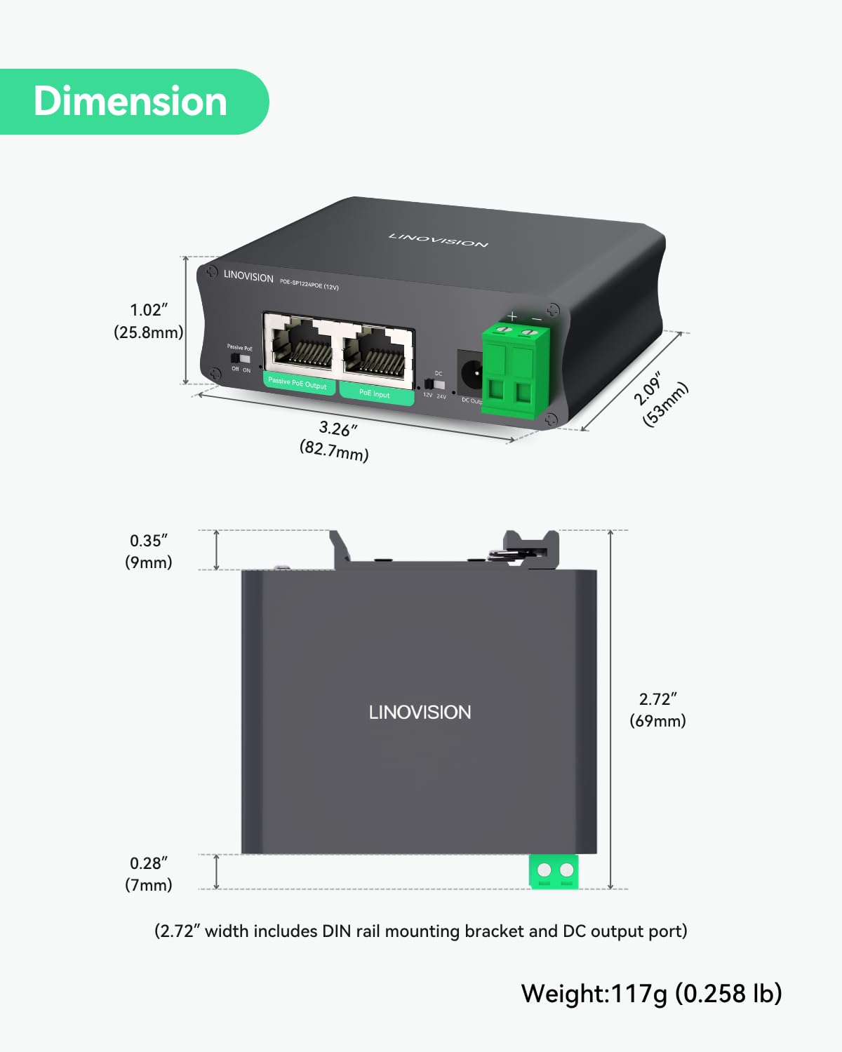 LINOVISION Répartiteur PoE Industriel Gigabit 30W avec Sortie DC12V et Sortie PoE Passive 12V, développé pour Les Caméras et Les Systèmes IoT
