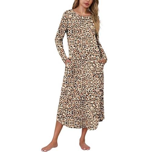 Marvmys Women Long Sleeve Nightgowns Round Neck Long Nightshirts with Pocket Sleepwears S-3XL 3X-Large Brown Leopard