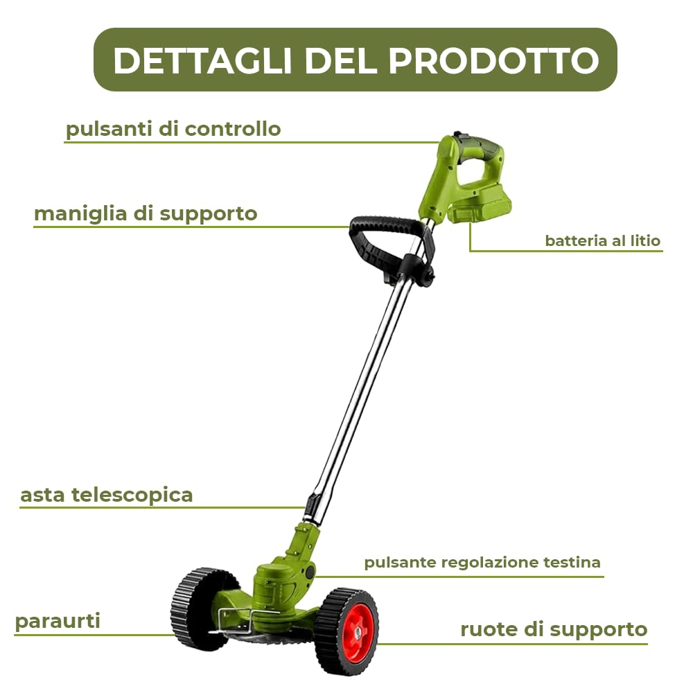 Mediawave Store – Decespugliatore a Batteria con Ruote Rimovibili e Manico Telescopico Allungabile, Tosaerba Elettrico con 2 Batterie Ricaricabili Incluse per Cura del Giardino