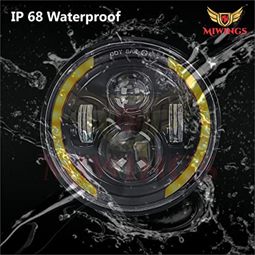 Image of Miwings 6 LED Projector Headlight with Dual Color DRL Half Ring For Mahindra Thar /Jeep /Royal Enfield Bike Models, 7 Inch, White & Amber