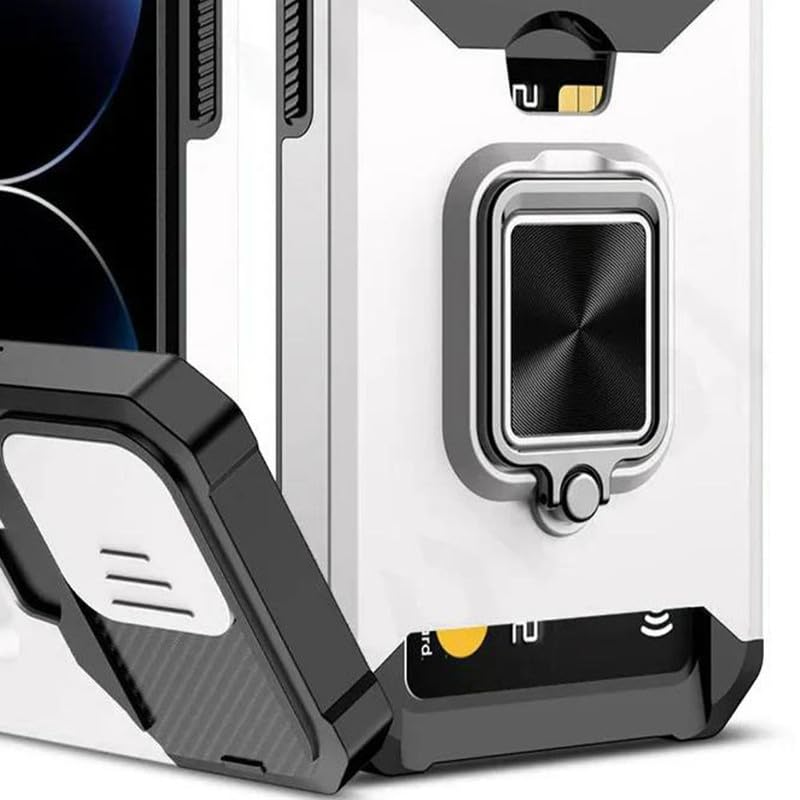 Image of LuxuryKase Shockproof Armor Case for iPhone 15 Pro Max | Slide Camera Cover | Hidden Card Slot | Rotating Ring Kickstand | Magnetic Car Mount Support | Military Grade Protection - White