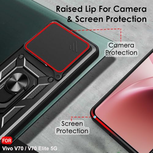 Image of TheGiftKart Tough Armor Bumper Back Cover Case for Vivo V70 / V70 Elite 5G | Kickstand & Ring Holder | 360 Degree Protection Vivo V70 Back Cover (PC & TPU, Rotating Camera Cover, Black)