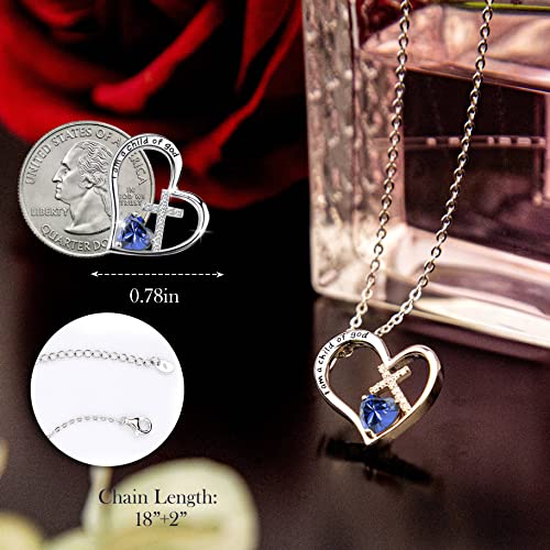 Bengnkes Bg 925 Sterling Silver I Am A Child Of God Cross Pendant Necklaces For Women, September Birthstone Blue Heart Necklace Birthday Christian Baptism Gifts For Girls #TOP5