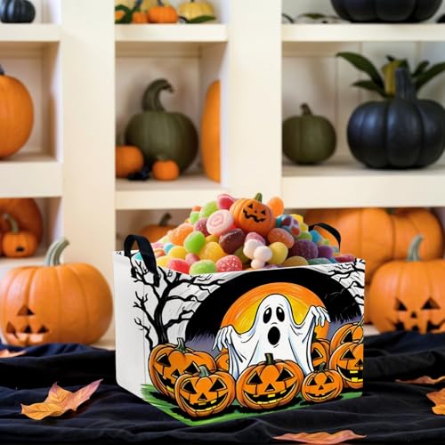 Image of Large Halloween Basket Gift Cute Ghost Pumpkin Parties Decor Kid Trick or Treat Basket for Boys and Girls Rectangular Storage Bin Box (Great Ghost)