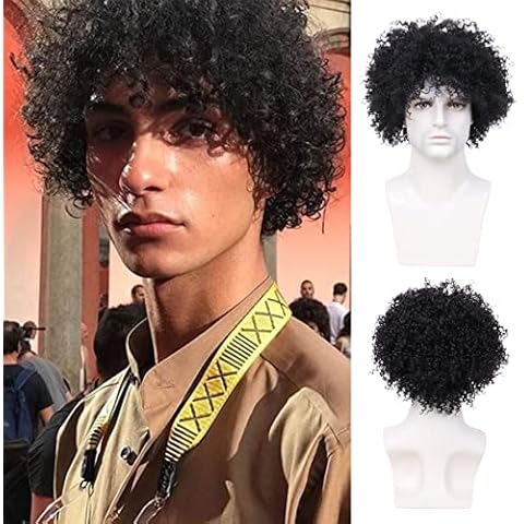Becus Afro Wig 100% Bazilian Remy Human Hair for Black Men Headband 70s Wig Kinky Curly Short Black Wigs for ​Cosplay, Halloween and Disco Rocker Costume Party(Curly) Cover