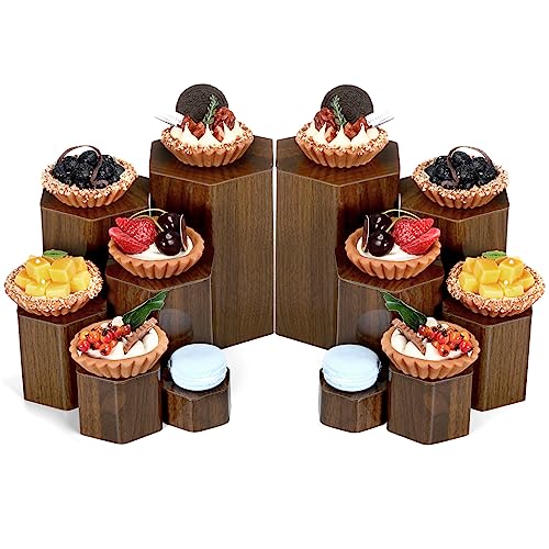 Image of Jetec 12 Pcs Hexagonal Jewelry Display Risers Hexagonal Market Display Risers Stands Acrylic Showcase Acrylic Stand for Jewelry Model Figures Decoration, 6 Sizes (Brown)