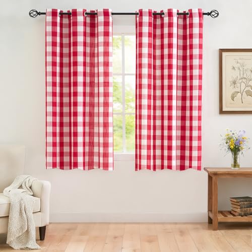 Jubilantex Red White Buffalo Check Semi Sheer Curtain Panels Gingham Plaid Textured Curtains Drapery Farmhouse Grommet Window Drapes for Small Window 2 Panels 40x54
