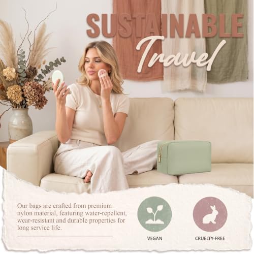 Sweetude Green Nylon Makeup Bag Large Travel Cosmetic Bag Pouch Essentials Cute Makeup Organizer Storage Purse for Birthday Wedding Graduation Gifts - 4