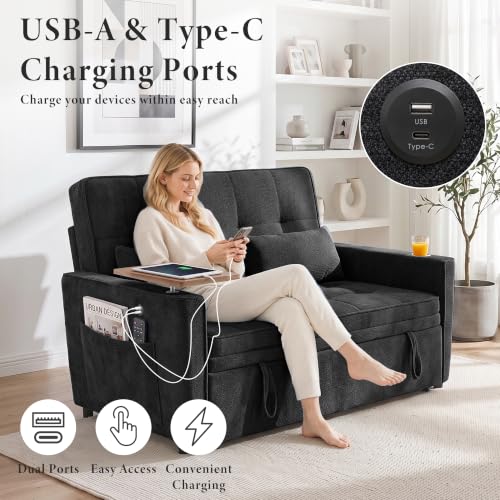 Image of Dreamzie 54'' Convertible Sleeper Sofa Bed with Swivel Side Table, Chenille Pull Out Couch for Living Room, Loveseat Sleeper Couch with Side Pocket | Charging Port | Cup Holder, Black
