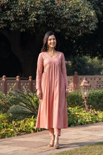Image of Women's Dhanna Fashion Long Cut Salwar Suit with White Polka Dots,Full Sleeves, V-Neck,, Rayon