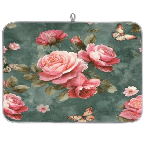 Axurera Tapete de secado de platos con diseño retro de rosas rosas y mariposas para encimera de cocina, absorbente, lavable, para escurridores de encimera, 61 x 46 cm