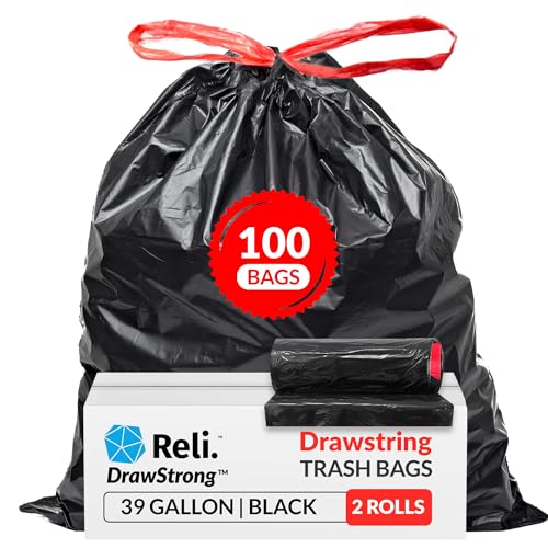 Reli. 39 Gallon Trash Bags Drawstring (100 Count) Large 39 Gallon Heavy Duty Drawstring Trash Bags Garbage 39Gal Capacity Lawn Leaf (39Gal Black)