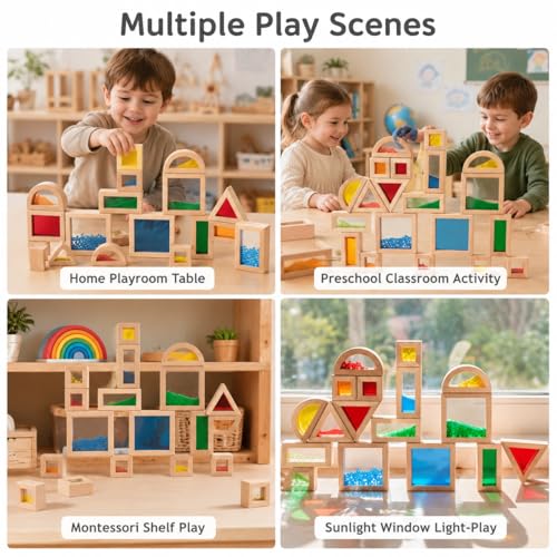Image of 23 Pcs Rainbow Wooden Sensory Building Blocks for Toddlers,Gift for Kids | Colorful Geometric Stacking Toys with Beads, Sand & Mirror Blocks, Montessori STEM,Preschool Learning Educational Toys