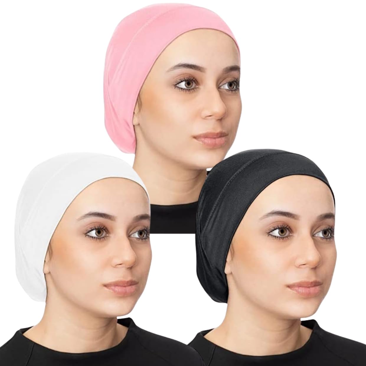 Caiuse Women's Hijab Under Cap Scarf - Non Slip Cotton Hijab Under Scarf Caps (White, Black, Pink), For Female - Image 1