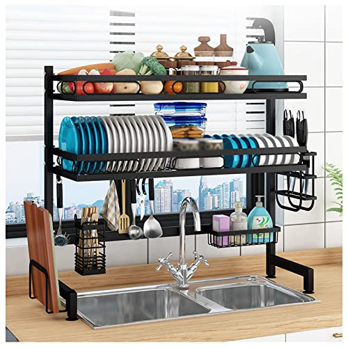 Escurridor de platos sobre el fregadero, escurridor de platos de acero inoxidable, organizador de encimera de cocina, con soporte para utensilios, secado eficaz de drenaje (color: negro A, tamaño: 85