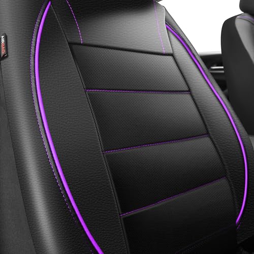 Image of CAR PASS Universal FIT Piping Leather Two Front Seat Covers, Waterproof Faux Leather for SUV Sedan Van Truck, Airbag Compatible,Reserved Opening Holes for Headrest Covers(Black and Purple)