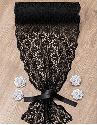 FEMINEN TEXTILE Black Lace Table Runner 12 inches x 110 inches for Classy, Vintage and Boho Wedding and Reception Decorations