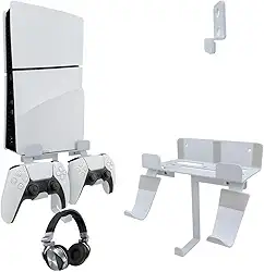 Suporte de parede para console PS5 Slim/PS5 Pro, disco fino de alumínio PS5/console digital suporte de prateleira de parede com controle e suporte de fone de ouvido - branco (não para PS5