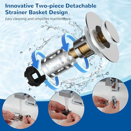 Hibbent Upgraded 3 in 1 Bathroom Sink Drain Strainer, Pop Up Stopper - image 3