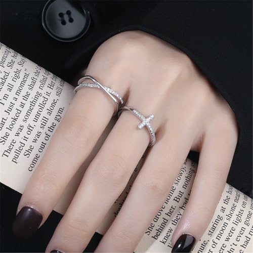 2 Pieces CZ Cross Promise Rings for Women Eternity Ring Stackable Wedding Open Band Rings Adjustable Finger Statement Engagement Jewelry Gifts3