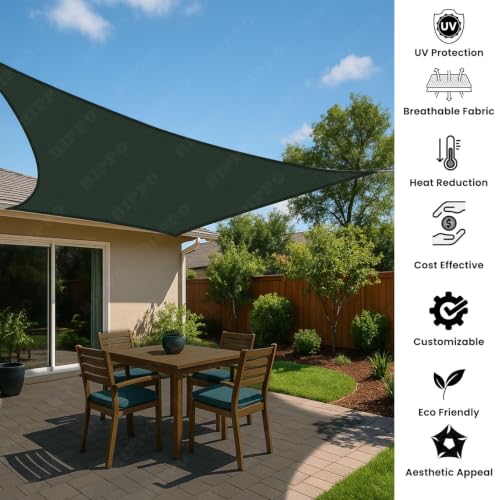 Image of HIPPO Shade Sail 9.5 Feet x 10 Feet Sun Shade 98% UV Block for Canopy Cover, Outdoor Patio, Garden, Pergola, Balcony Tent (Forest Green)