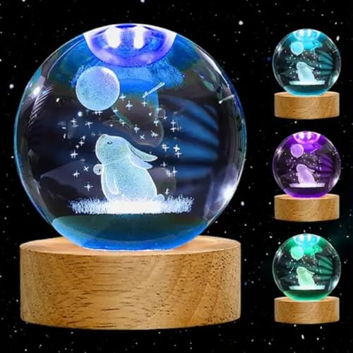Image of Hamsa Magical Crystal Ball Night Light, LED Color-Changing Globe Lamp, Crystal Ball Lamp, Desktop Decorative Mood Light (16 Color Bunny with Moon)