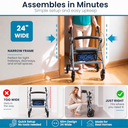 Image of Vive Ultra Lightweight Rollator Walker with Seat - Foldable & Narrow