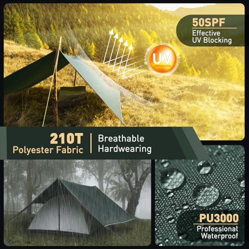 VOSOIR Toldo Camping 3X3M Impermeable, Ultraligero y Portátil Toldo de Refugio, Tienda de Campaña Hamaca, Protección UV, Anti Desgarro, Tarp para Picnic Pesca Camping Senderismo(Verde Oscuro) - Image 3