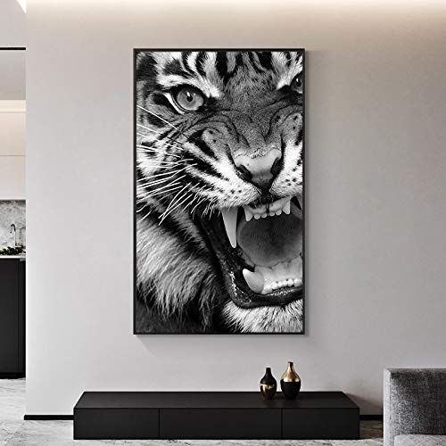 Art mural noir et blanc tigre féroce encadré salon