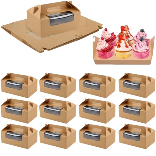 Cobenga 50 cajas para cupcakes, caja de papel kraft para cupcakes de 6 agujeros con ventana transparente y asa, cajas de cartón para pasteles, cajas para panadería, pasteles, galletas, magdalenas