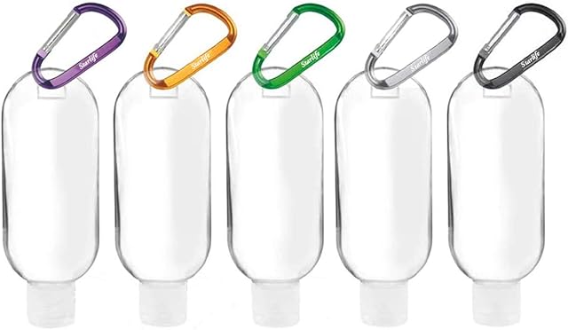 Starlife Hand Sanitiser Gel Bottles with Clips, 50ml Leakproof Travel Bottles for Toiletries Keyring, Refillable Empty Small Bottles Attach to Bag, Lanyard (Plastic, Pack of 5)