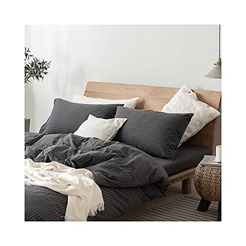 Image of F.Y.Dreams 100% Washed Cotton Duvet Cover for Weighted Blanket 60x80 inches with 16 Ties, Zipper on Long Side /Gray Grid /Just Duvet Cover