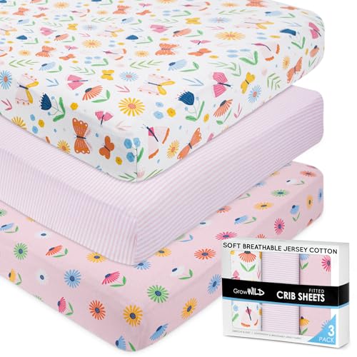GROW WILD Butterflies & Flowers Fitted Crib Sheets Girl (3 Pack) - Soft Jersey Cotton Fitted Sheet, Toddler Bed Mattress & Baby Crib Bedding Set for Girls, Baby Girl Nursery Crib - Pink & White