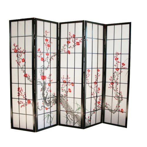 PEGANE Paravent Japonais Fleur de Cerisier en Bois Noir de 5 pans, L220 x H175 x P2 cm