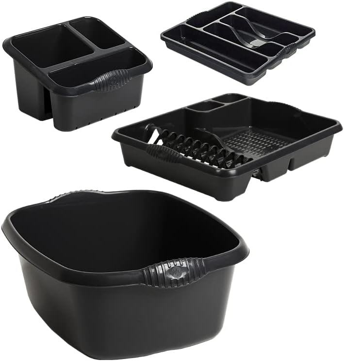 [𝐒𝐞𝐭 𝐨𝐟 𝟒] Plastic Dish Drainer with Sink Tidy, Washing Up Bowl & Cutlery Tray-Home/kitchen Accessories (Midnight Grey/Dark Grey)