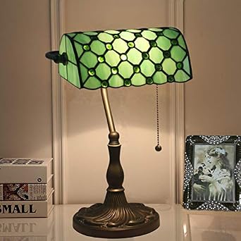 LITFAD Vintage Beads Table Light Art Glass 1 Light Green Banker Lamp Bedside Table Lamp LED Desk Lamp Reading Light for Restaurant Bedroom Hotel Office
