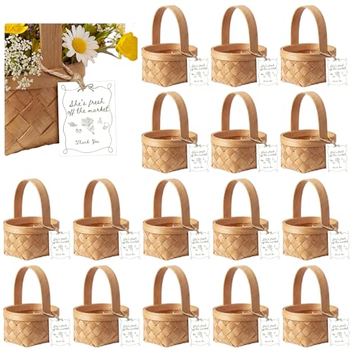 LemonRoad 20 Sets Shes Fresh off The Market Mini Picnic Basket with Card Wood Mini Wood Woven Flower Fruit Picnic Chip Basket for Wedding Bridal Shower Birthday Baby Shower Favor Gift(Small)