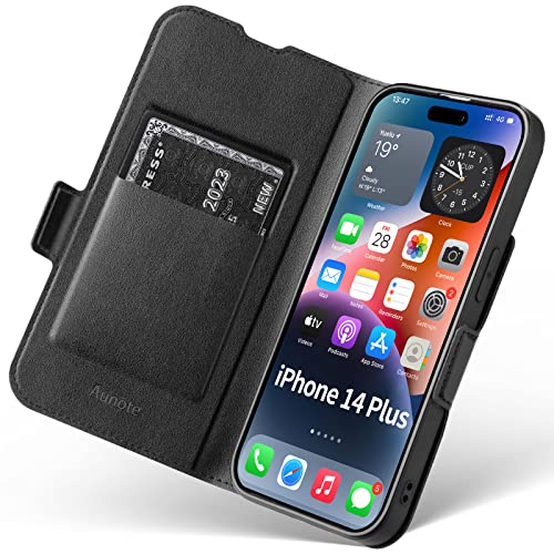 Aunote Coque pour iPhone 14 Plus, Housse iPhone 14 Plus Protection Étui, Coque iPhone 14 Plus Rabat Clapet Pochette Phone Cover, Ultra Mince Portefeuille iPhone 14 Plus Telephone Flip Folio Case,Noir