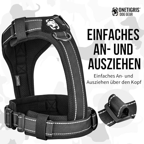 OneTigris Hundegeschirr, Diesel Einstellbar Taktisches Geschirr Weich Gepolstert Brustgeschirr für mittelgroße und große Hunde mit Reflektierend, 1 Griff, 3 D-Ringe (Schwarz, XL)