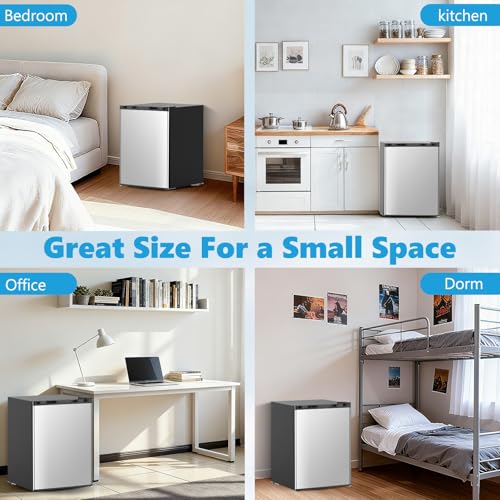 Image of COWSAR 2.6 Cu.Ft Mini Fridge with Freezer, Quiet Reversible Door Compact Refrigerator, Small Refrigerator with 2 Removable Shelves, Adjustable Thermostat, for Office, Bedroom, Dorm, Silver